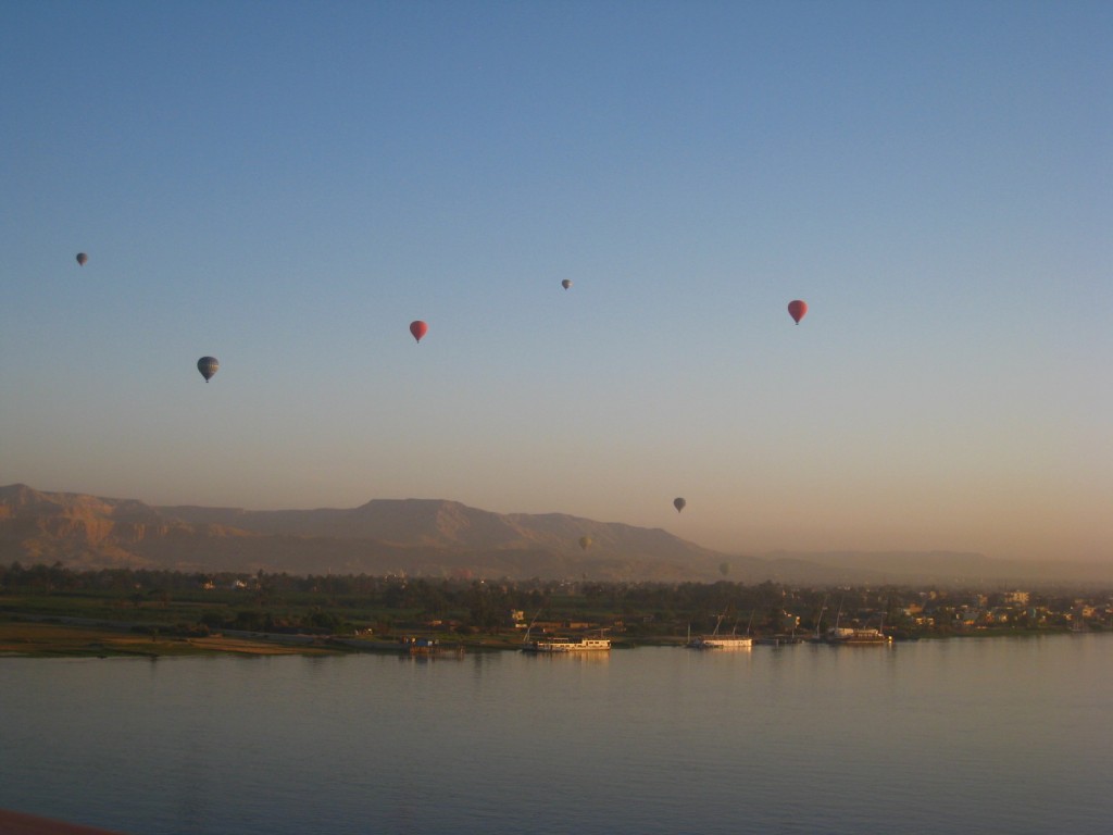 Hot air balloon over the Nile River near Luxor, Egypt